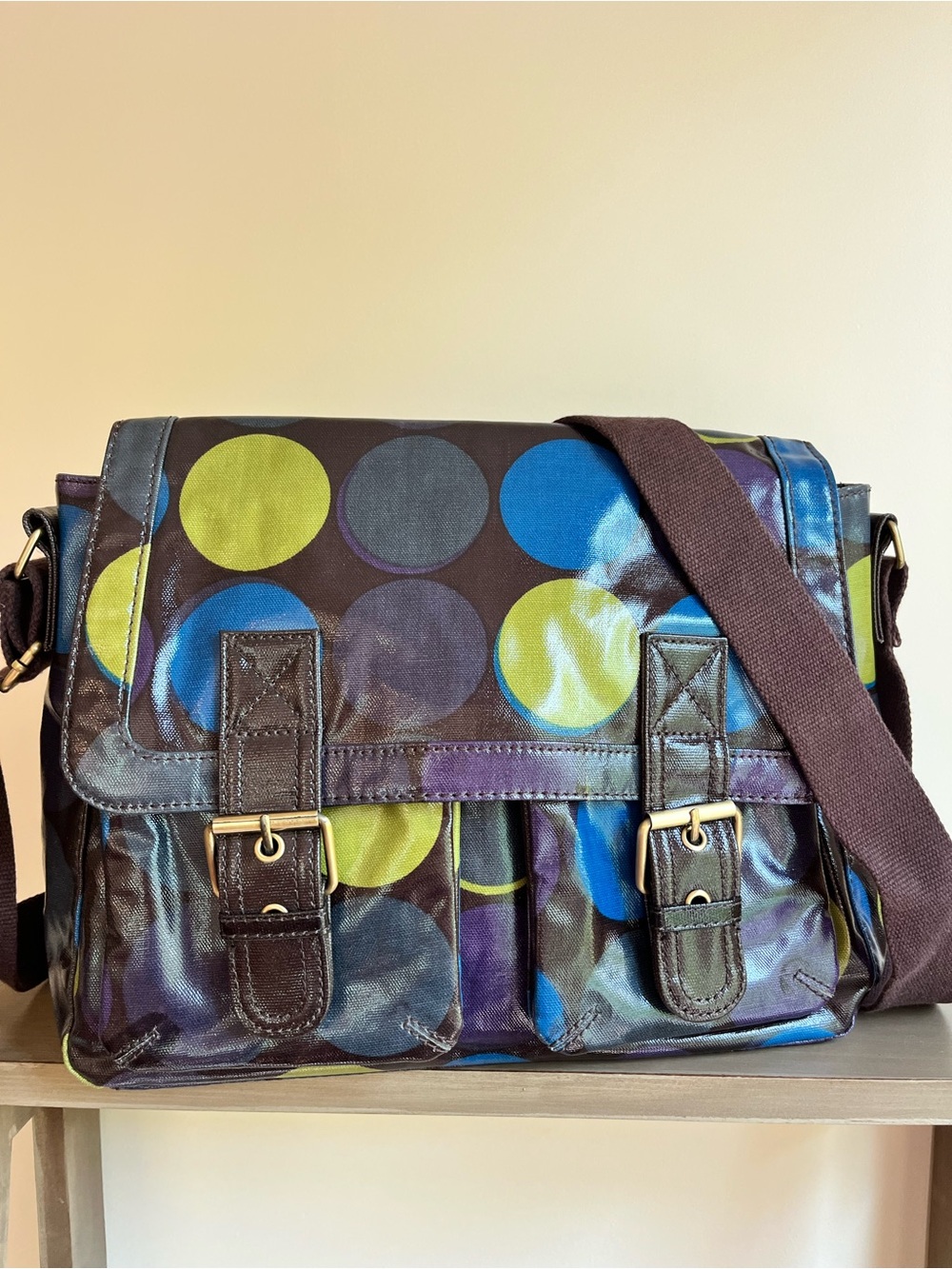 Boden Brown Messenger Bag with Blue & Lime Polka Dots
